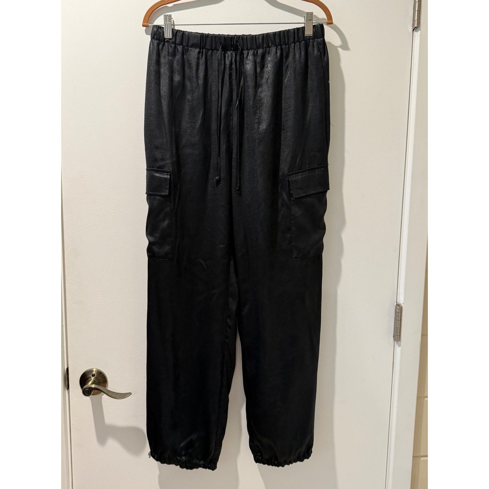 Rachel Rachel Roy Cargo Pants Satin Black Parachute Joggers Size M Drawstring